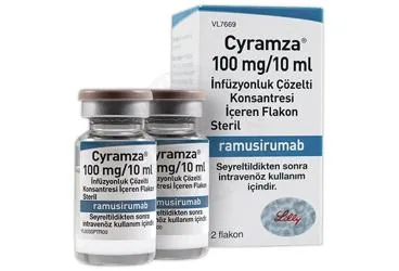 CYRAMZA 100 MG/10 ML INFUZYONLUK COZELTI KONSANTRESI ICEREN 2 FLAKON kutusu, çözelti formunda ramusirumab içerir. Üretici: LİLLY İLAÇ TİCARET LİMİTED ŞİRKETİ.