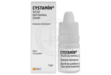 CYSTAMIN %0,55 GÖZ DAMLASI, COZELTI kutusu, göz damlası formunda merkaptamin içerir. Üretici: TOBIO İLAÇ SANAYİ VE TİCARET ANONİM ŞİRKETİ.
