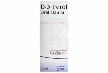 D-3 FEROL ORAL DAMLA (15 ML) ambalajı. Vitamin d3 içeren damla. Üretici: AKAR FARMA MEDİKAL İLAÇ KOZMETİK GIDA TARIM SAN. VE TİC. İTH. İHR. LTD. ŞTİ.