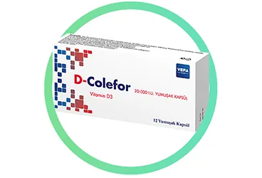D-COLEFOR 20.000 IU YUMUSAK KAPSUL (12 KAPSUL) kutusu. Vitamin d3 içeren yumuşak kapsül. Üretici: VEFA İLAÇ SANAYİ VE TİCARET ANONİM ŞİRKETİ.