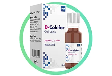 D-COLEFOR 50.000 I.U./15 ML ORAL DAMLA, COZELTI (15 ML) ürün ambalajı. Vitamin d3 içeren çözelti. Üretici: VEFA İLAÇ SANAYİ VE TİCARET ANONİM ŞİRKETİ.