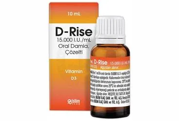 Vitamin d3 içeren çözelti: D-RISE 15.000 I.U./ML ORAL DAMLA, COZELTI (10 ML) ürün ambalajı. Üretici: BİLİM İLAÇ SANAYİİ VE TİCARET A.Ş.