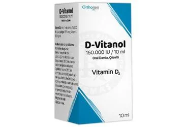 D-VITANOL 150000 IU / 10ML ORAL DAMLA COZELTI (1 ADET) (vitamin d3) ürün ambalajı, çözelti. Üretici: ORTHOGEN İLAÇ SAĞLIK HİZMETLERİ SAN.VE TİC.LTD.ŞTİ.