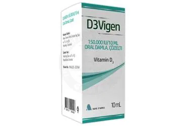 Vitamin d3 içeren çözelti: D3VIGEN 150.000 1U/10 ML ORAL DAMLA, COZELTI ambalajı. Üretici: AKSU FARMA TIBBİ ÜRÜNLER İLAÇ SAN. VE TİC. LTD. ŞTİ.