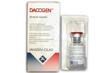 DACOGEN 50 MG IV KONSANTRE INFUZYONLUK COZELTI ICIN TOZ ambalajı, çözelti formunda desitabin içerir. Üretici: JOHNSON AND JOHNSON SIHHİ MALZEME SANAYİ VE TİCARET LİMİTED ŞİRKETİ.