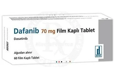Dasatinib içeren film kaplı tablet: DAFANIB 70 MG FILM KAPLI TABLET (60 TABLET) kutu fotoğrafı. Üretici: DEVA HOLDİNG ANONİM ŞİRKETİ.