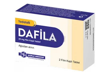 DAFILA 20 MG FILM KAPLI TABLET (2 TABLET) (tadalafil) kutusu, film kaplı tablet. Üretici: WORLD MEDICINE İLAÇLARI LTD. ŞTİ.