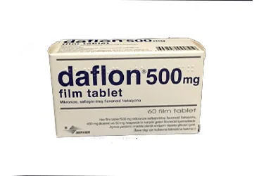DAFLON 500 MG 60 FİLM TABLET ürün ambalajı. Diosmin + hesperidin içeren film kaplı tablet. Üretici: SERVIER ILAÇ VE ARAŞTIRMA A.S.