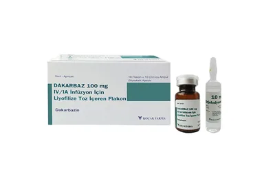 DAKARBAZ 100 MG IV/IA INFUZYON ICIN LIYOFILIZE TOZ ICEREN 10 FLAKON (dakarbazin) kutusu, flakon. Üretici: KOÇAK FARMA İLAÇ VE KİMYA SANAYİ A.Ş.