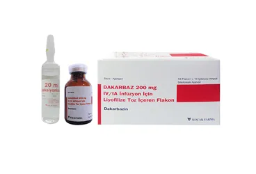 Dakarbazin içeren flakon: DAKARBAZ 200 MG IV/IA INFUZYON ICIN LIYOFILIZE TOZ ICEREN 10 FLAKON ambalajı. Üretici: KOÇAK FARMA İLAÇ VE KİMYA SANAYİ A.Ş.