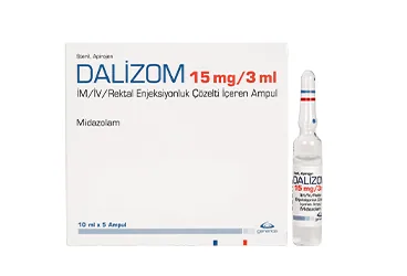 Midazolam içeren çözelti: DALIZOM 15 MG/3 ML IM/IV/REKTAL ENJEKSIYONLUK/INFUZYONLUK COZELTI ürün ambalajı. Üretici: MENTA PHARMA İLAÇ SANAYİ VE TİCARET ANONİM ŞİRKETİ.