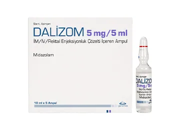 Midazolam içeren çözelti: DALIZOM 5 MG/5 ML IM/IV/REKTAL ENJEKSIYONLUK/INFUZYONLUK COZELTI (10 AMPUL) kutu fotoğrafı. Üretici: MENTA PHARMA İLAÇ SAN. VE TİC. A.Ş.