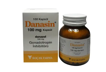 DANASIN 100 MG 100 KAPSÜL kutu fotoğrafı, kapsül formunda danazol içerir. Üretici: KOÇAK FARMA İLAÇ VE KİMYA SANAYİ A.Ş.