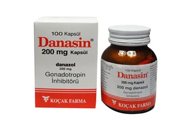 DANASIN 200 MG 100 KAPSÜL kutusu, kapsül formunda danazol içerir. Üretici: KOÇAK FARMA İLAÇ VE KİMYA SANAYİ A.Ş.
