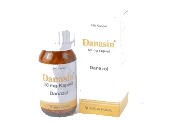 Danazol içeren kapsül: DANASIN 50 MG 100 KAPSÜL kutusu. Üretici: KOÇAK FARMA İLAÇ VE KİMYA SANAYİ A.Ş.