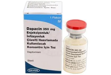 Daptomisin içeren çözelti: DAPACIN 350 MG ENJEKSIYONLUK/INFUZYONLUK COZELTI HAZIRLAMADA KULLANILACAK KONSANTRE ICIN TOZ kutusu. Üretici: HAVER TRAKYA İLAÇ SANAYİ VE TİCARET ANONİM ŞİRKETİ.