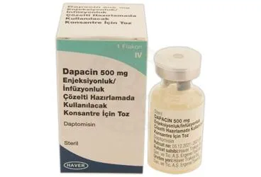 Daptomisin içeren çözelti: DAPACIN 500 MG ENJEKSIYONLUK/INFUZYONLUK COZELTI HAZIRLAMADA KULLANILACAK KONSANTRE ICIN TOZ ambalajı. Üretici: HAVER TRAKYA İLAÇ SANAYİ VE TİCARET ANONİM ŞİRKETİ.