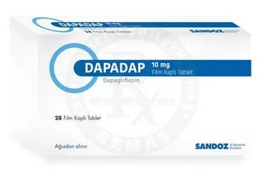 Dapagliflozin içeren film kaplı tablet: DAPADAP 10 MG FILM KAPLI TABLET (28 TABLET) ürün ambalajı. Üretici: SANDOZ İLAÇ SANAYİ VE TİCARET A.Ş.
