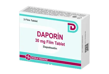 DAPORIN 30 MG FILM KAPLI TABLET (3 TABLET) (dapoksetin) kutusu, film kaplı tablet. Üretici: WORLD MEDICINE İLAÇ SAN. VE TİC. A.Ş.