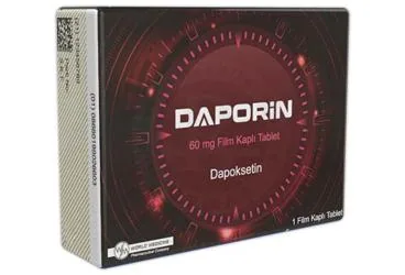 DAPORIN 60 MG FILM KAPLI TABLET (1 TABLET) kutusu, film kaplı tablet formunda dapoksetin içerir. Üretici: WORLD MEDICINE İLAÇ SAN. VE TİC. A.Ş.