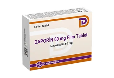 DAPORIN 60 MG FILM KAPLI TABLET (3 TABLET) kutu fotoğrafı, film kaplı tablet formunda dapoksetin içerir. Üretici: WORLD MEDICINE İLAÇ SAN. VE TİC. A.Ş.