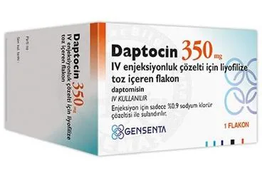 Daptomisin içeren çözelti: DAPTOCIN 350 MG IV ENJEKSIYONLUK COZELTI ICIN LIYOFILIZE TOZ ICEREN FLAKON (1 FLAKON) kutusu. Üretici: GENSENTA İLAÇ SANAYİ VE TİCARET ANONİM ŞİRKETİ.
