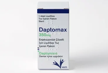 DAPTOMAX 350 MG ENJEKSIYONLUK COZ. ICIN LIYOFILIZE TOZ ICEREN FLAKON (1 FLAKON) ürün ambalajı. Daptomisin içeren flakon. Üretici: VEM İLAÇ SAN. VE TİC. ANONİM ŞİRKETİ.