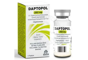 DAPTOPOL 350 MG I.V. ENJEKSIYONLUK/INFUZYONLUK COZELTI HAZIRLAMADA KULLANILACAK KONSANTRE ICIN TOZ ambalajı. Daptomisin içeren çözelti. Üretici: POLİFARMA İLAÇ SAN. VE TİC. A.Ş.