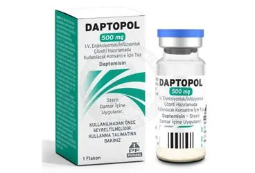 Daptomisin içeren çözelti: DAPTOPOL 500 MG I.V. ENJEKSIYONLUK/INFUZYONLUK COZELTI HAZIRLAMADA KULLANILACAK KONSANTRE ICIN TOZ kutusu. Üretici: POLİFARMA İLAÇ SAN. VE TİC. A.Ş.