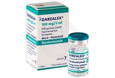 DARZALEX 100 MG/5 ML INFUZYONLUK COZELTI HAZIRLAMAK ICIN KONSANTRE ambalajı. Daratumumab içeren çözelti. Üretici: JOHNSON AND JOHNSON SIHHİ MALZEME SANAYİ VE TİCARET LİMİTED ŞİRKETİ.