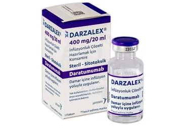 DARZALEX 400 MG/20 ML INFUZYONLUK COZELTI HAZIRLAMAK ICIN KONSANTRE kutu fotoğrafı, çözelti formunda daratumumab içerir. Üretici: JOHNSON AND JOHNSON SIHHİ MALZEME SANAYİ VE TİCARET LİMİTED ŞİRKETİ.