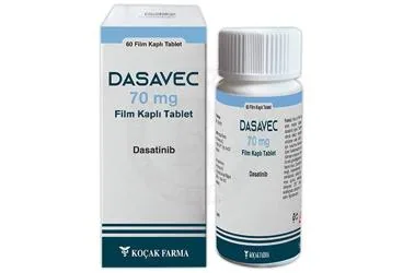 Dasatinib içeren film kaplı tablet: DASAVEC 70 MG FILM KAPLI TABLET (60 TABLET) kutu fotoğrafı. Üretici: KOÇAK FARMA İLAÇ VE KİMYA SANAYİ A.Ş.