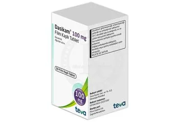 DASIKAM 100 MG FILM KAPLI TABLET (30 TABLET) kutusu. Dasatinib içeren film kaplı tablet. Üretici: TEVA İLAÇLARI SANAYİ VE TİCARET A.Ş.