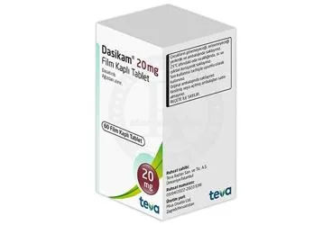 DASIKAM 20 MG FILM KAPLI TABLET (60 TABLET) (dasatinib) ürün ambalajı, film kaplı tablet. Üretici: TEVA İLAÇLARI SANAYİ VE TİCARET A.Ş.