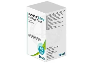 DASIKAM 50 MG FILM KAPLI TABLET (60 TABLET) kutusu. Dasatinib içeren film kaplı tablet. Üretici: TEVA İLAÇLARI SANAYİ VE TİCARET A.Ş.