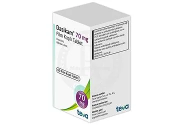 DASIKAM 70 MG FILM KAPLI TABLET (60 TABLET) ambalajı, film kaplı tablet formunda dasatinib içerir. Üretici: TEVA İLAÇLARI SANAYİ VE TİCARET A.Ş.