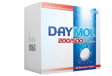 Parasetamol kombinasyon içeren efervesan tablet: DAYMOL 200/500 MG 30 EFERVESAN TABLET kutusu. Üretici: CELTİS İLAÇ SANAYİ VE TİCARET ANONİM ŞİRKETİ.
