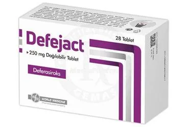 Deferasiroks içeren tablet: DEFEJACT 250 MG DAGILABILIR TABLET (28 TABLET) kutu fotoğrafı. Üretici: WORLD MEDICINE İLAÇ SAN. VE TİC. A.Ş.