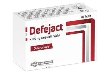 DEFEJACT 500 MG DAGILABiLiR TABLET (28 TABLET) ürün ambalajı, tablet formunda deferasiroks içerir. Üretici: WORLD MEDICINE İLAÇ SAN. VE TİC. A.Ş.