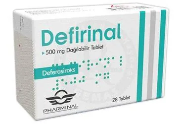 Deferasiroks içeren tablet: DEFIRINAL 500 MG DAGILABILIR TABLET (28 TABLET) kutu fotoğrafı. Üretici: PHARMİNAL MEDİKAL İLAÇ ANONİM ŞİRKETİ.