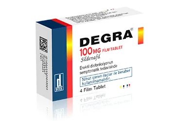 Sildenafil sitrat içeren film kaplı tablet: DEGRA 100 MG 1 FİLM KAPLI TABLET ürün ambalajı. Üretici: DEVA HOLDİNG A.Ş.
