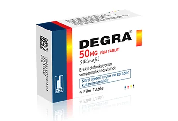 DEGRA 50 MG 1 FİLM TABLET (sildenafil sitrat) ürün ambalajı, film kaplı tablet. Üretici: DEVA HOLDİNG A.Ş.