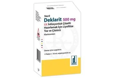 DEKLARIT 500 MG I.V. INFUZYONLUK COZELTI HAZIRLAMAK ICIN LIYOFILIZE TOZ VE COZUCU (klaritromisin) kutu fotoğrafı, çözelti. Üretici: DEVA HOLDİNG ANONİM ŞİRKETİ.