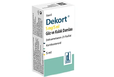 DEKORT 5 MG/5 ML GOZ VE KULAK DAMLASI,COZELTI ambalajı, göz ve kulak damlası formunda deksametazon -oftalmik-otolojik içerir. Üretici: DEVA HOLDİNG ANONİM ŞİRKETİ.