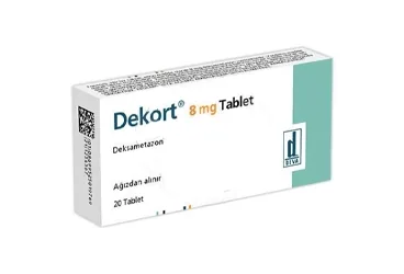 DEKORT 8 MG 20 TABLET kutusu, tablet formunda deksametazon içerir. Üretici: DEVA HOLDİNG ANONİM ŞİRKETİ.