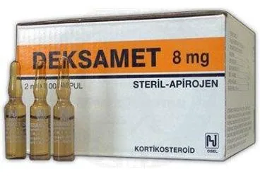 Deksametazon içeren ampul: DEKSAMET 8 MG/2 MLX100 AMPUL kutu fotoğrafı. Üretici: OSEL İLAÇ SANAYİ VE TİCARET ANONİM ŞİRKETİ.