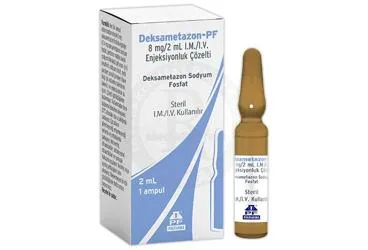 DEKSAMETAZON-PF 8 MG/2 ML I.M./I.V. ENJEKSIYONLUK COZELTI ürün ambalajı, çözelti formunda deksametazon içerir. Üretici: POLİFARMA İLAÇ SAN. VE TİC. A.Ş.