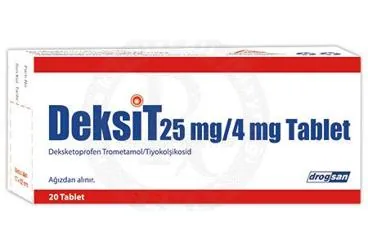DEKSIT 25 MG/4 MG 20 TABLET (deksketoprofen + tiyokolşikozid) kutu fotoğrafı, tablet. Üretici: DROGSAN İLAÇLARI SAN. VE TİC. A.Ş.