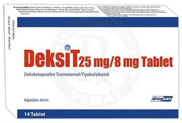 Deksketoprofen + tiyokolşikozid içeren tablet: DEKSIT 25 MG/8 MG 14 TABLET kutusu. Üretici: DROGSAN İLAÇLARI SAN. VE TİC. A.Ş.