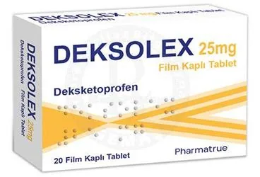 Deksketoprofen içeren film kaplı tablet: DEKSOLEX 25 MG FILM KAPLI TABLET (20 TABLET) ambalajı. Üretici: PHARMATRUE SAĞLIK MALZEMELERİ ANONİM ŞİRKETİ.
